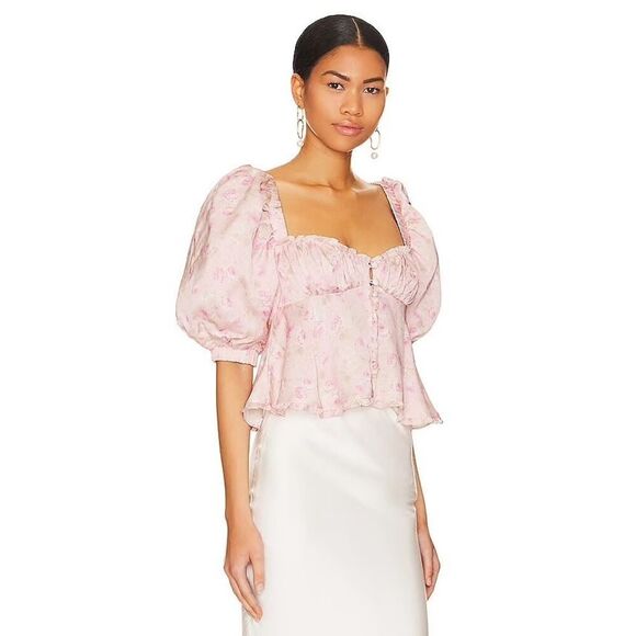 NWT For Love & Lemons Rhoda Pink Floral Puff Sleeve Blouse Size Small - Picture 2 of 12